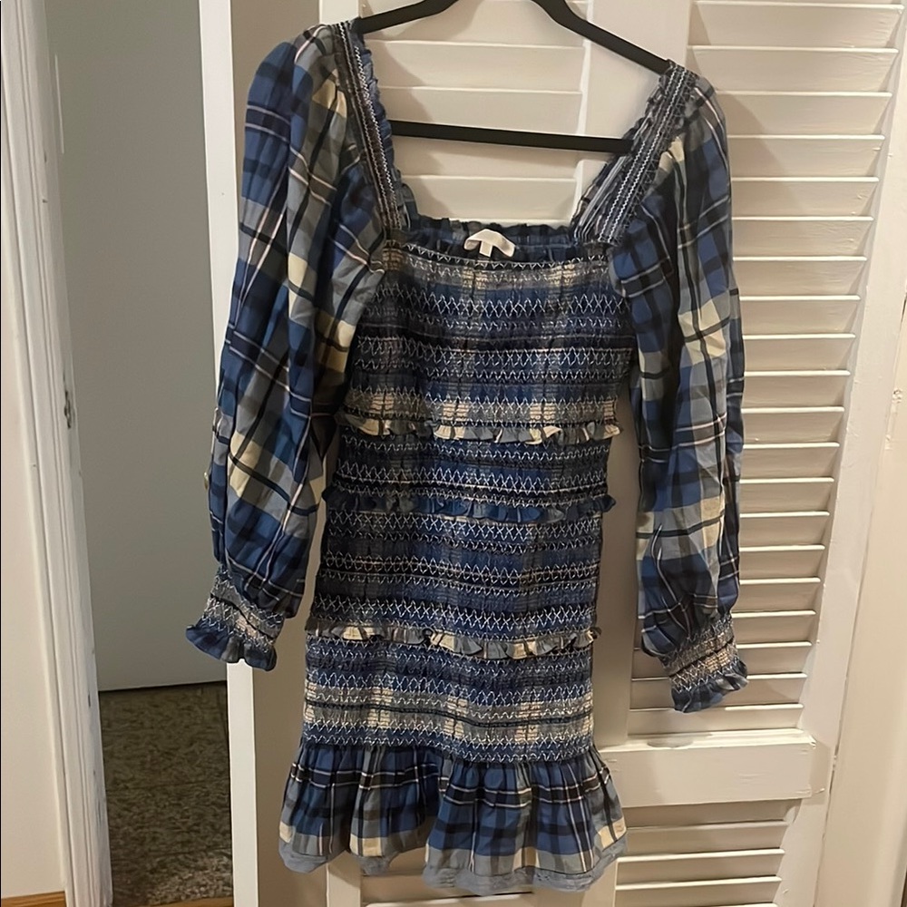 LoveShackFancy Blue Plaid Long Sleeve Dress